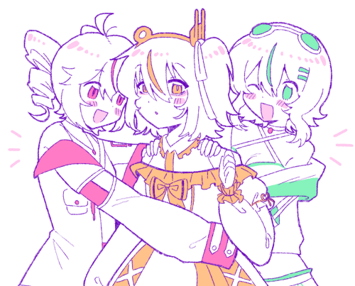 A digital drawing of GUMI, Adachi Rei, and Kasane Teto in matching, color-coded outfits.