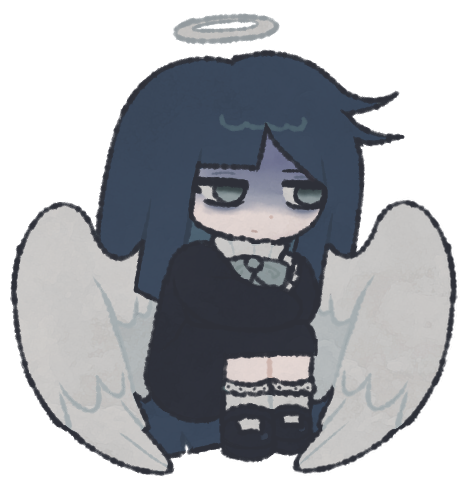 A dark-colored angel character sitting in a cradled position.