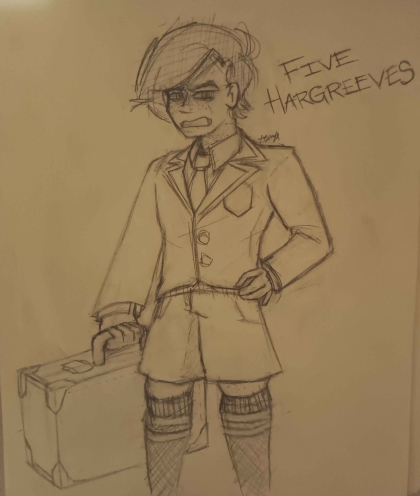 A drawing of Number Five from The Umbrella Academy. He is holding a briefcase.